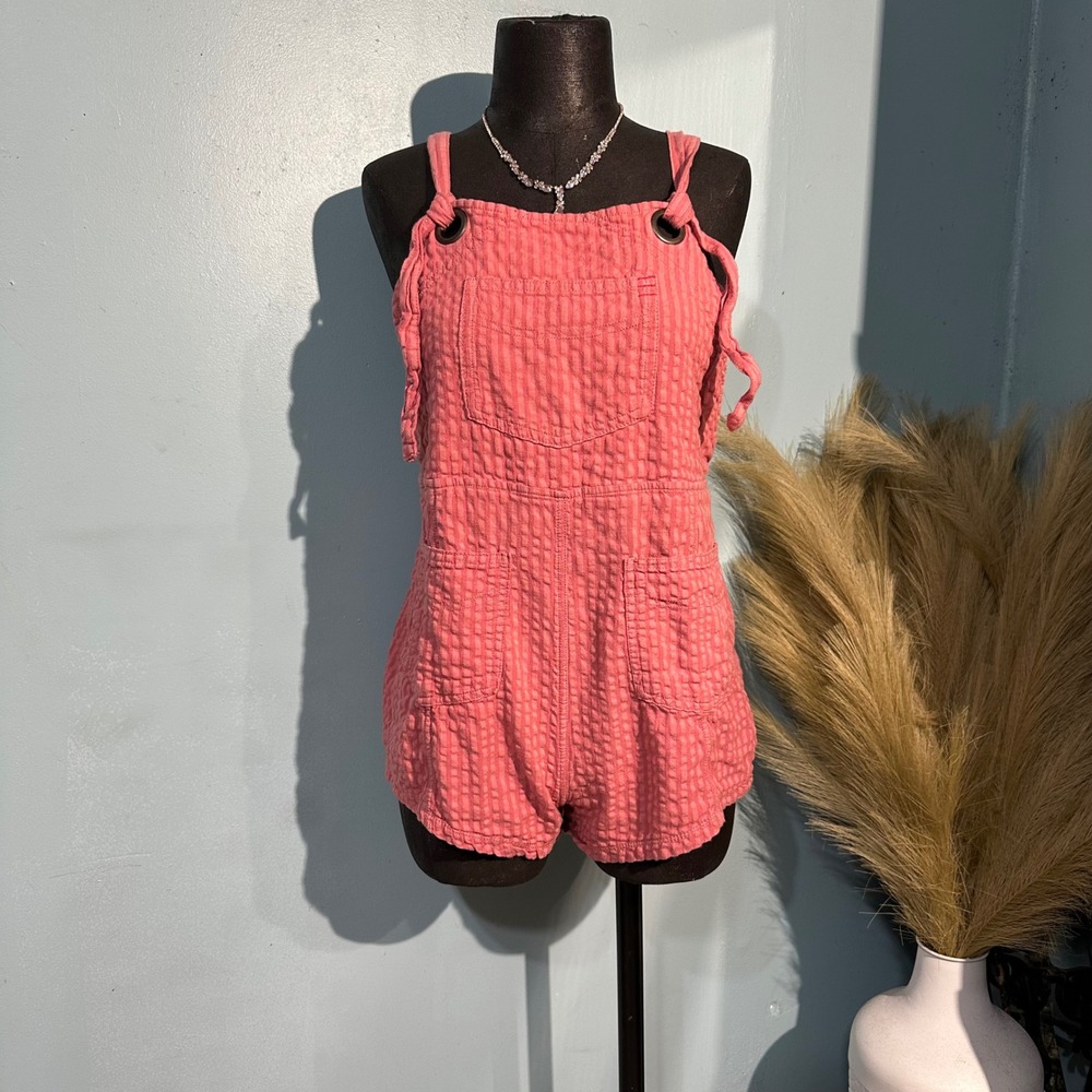 BDG Urban Outfitters Pink Seersucker Cotton Linen Tie Strap Shortall Romper M